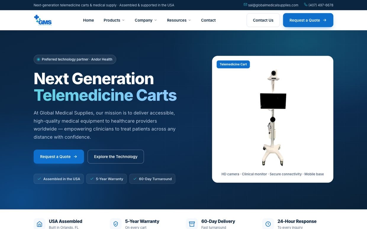 A 14-page B2B lead generation website I built for a medical equipment distributor, showing the hero section and navigation.